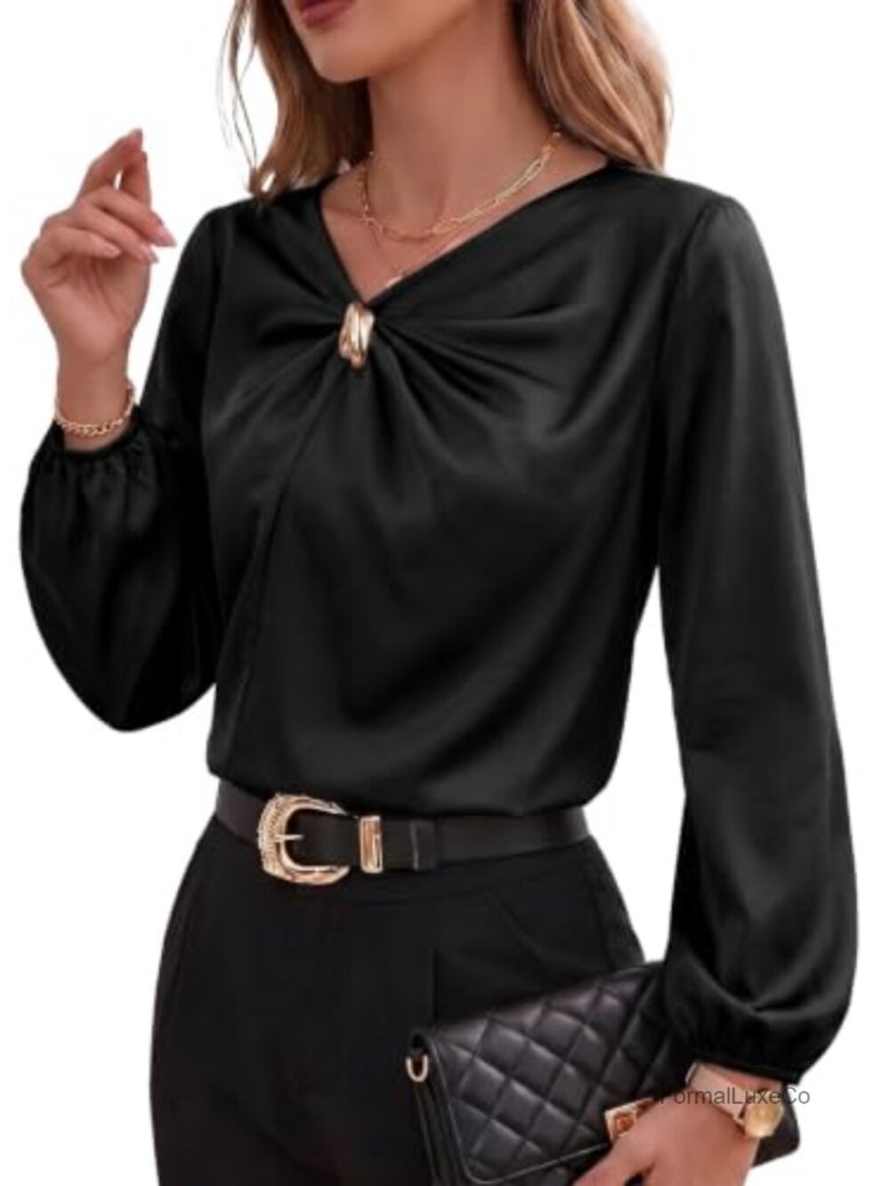 Long Sleeve Satin V Neck Blouse Loose Fit Dressy Casual Work Top